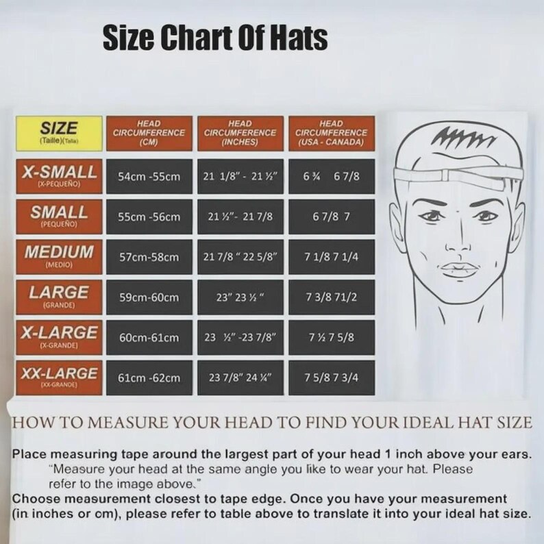 May include: A size chart for hats, with measurements in centimeters and inches. The chart includes sizes from X-Small to XX-Large, with corresponding head circumferences. A diagram illustrates how to measure your head for the correct hat size.