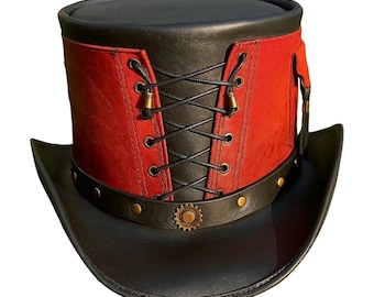 Sombrero de copa Steampunk de cuero para hombre y mujer / Sombrero de disfraz gótico victoriano negro y rojo hecho a mano / Regalo de sombrero Steampunk para festivales y cosplay