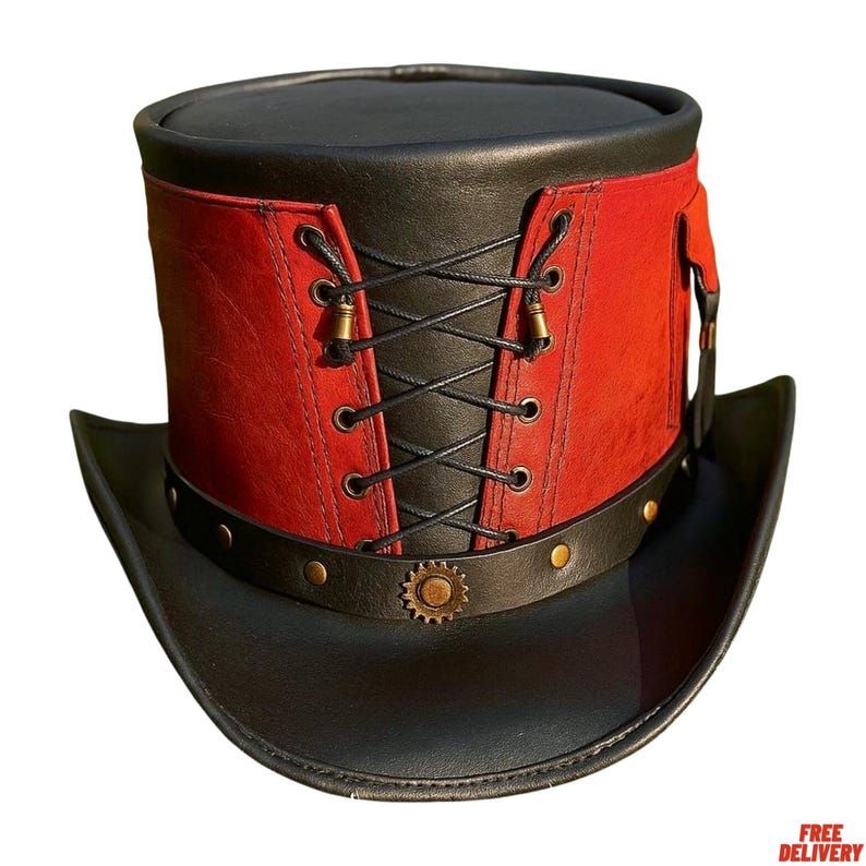 May include: A black and red steampunk top hat with a wide brim. The hat features a red panel with black lacing and brass accents. A decorative gear is on the hatband. The hat is made of leather.