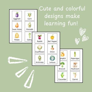 Flashcards de vegetais para imprimir para crianças pequenas – 18 cartões fofos 3x3 | Atividade imprimível para pré-escola, com inspiração Montessori, para a primeira infância