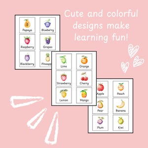 Flashcards imprimables de fruits pour les tout-petits – 18 cartes 3 x 3 mignonnes | Apprentissage précoce inspiré de Montessori, activité préscolaire, premiers mots de bébé
