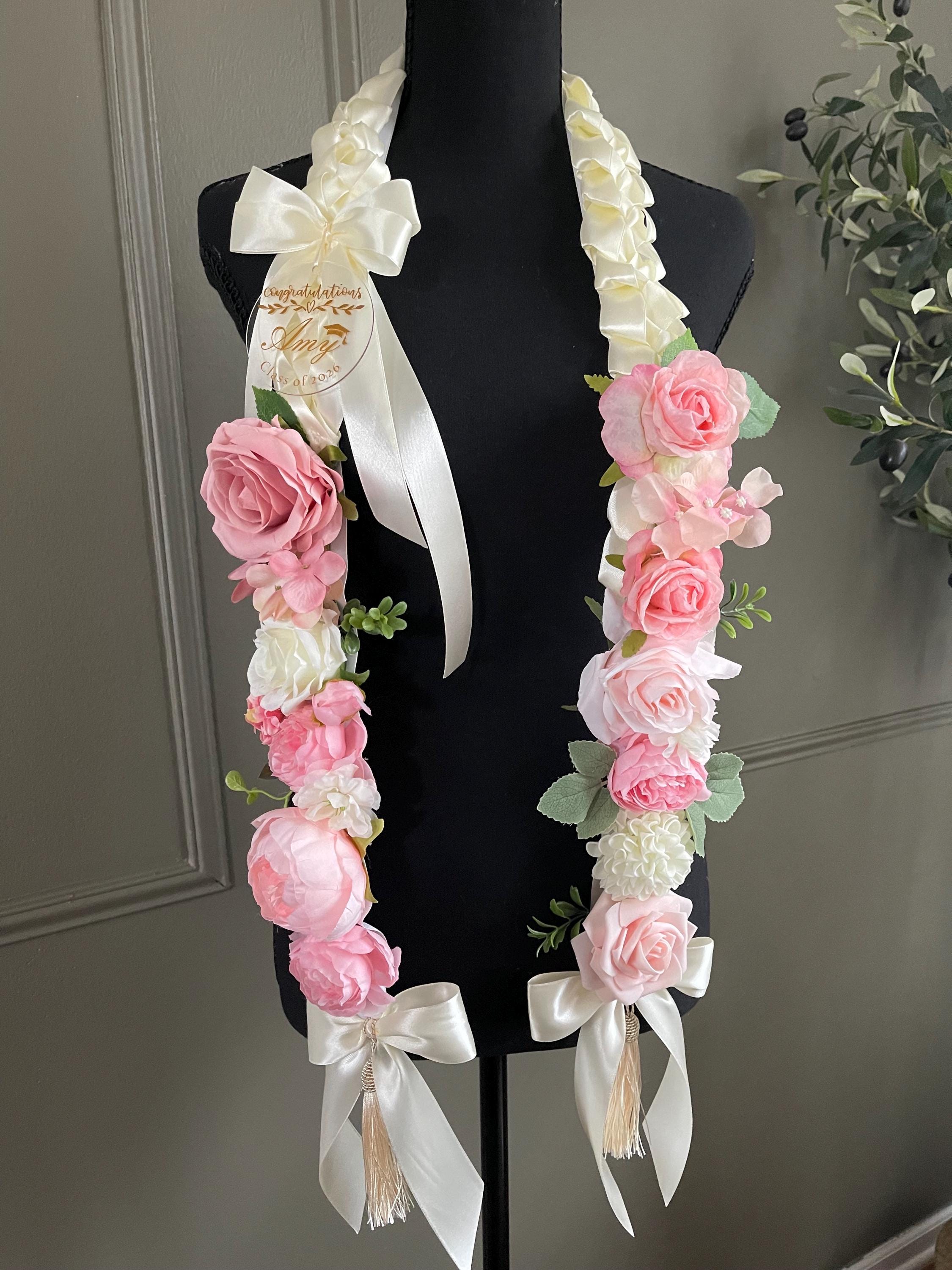 Pink & Ivory Artificial Flower Graduation Lei – Elegant Satin Ribbon ...
