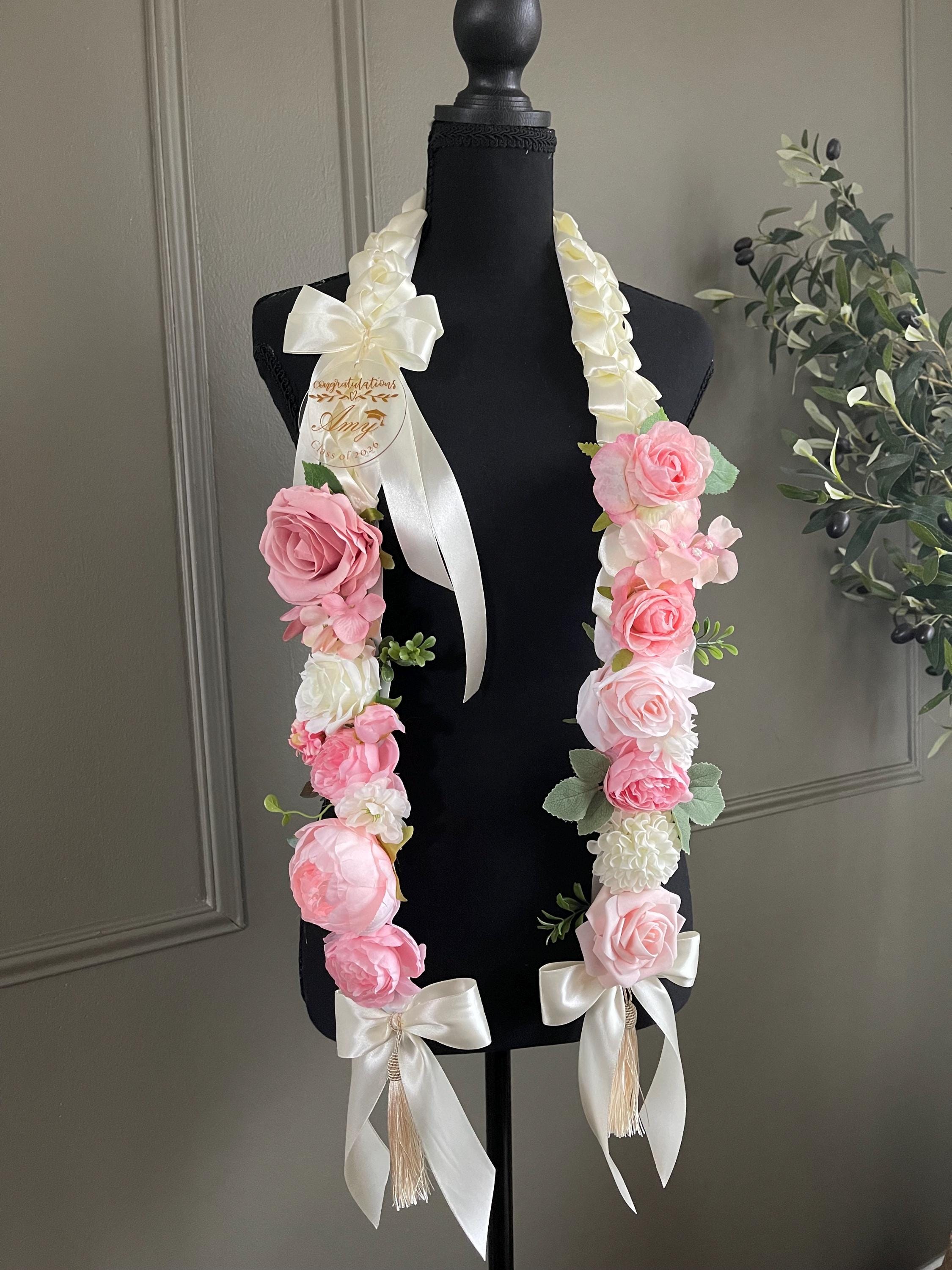 Lay For Graduation Pink & Ivory Artificial Flower Graduation Lei – Elegant Satin Ribbon ...
