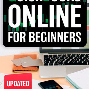 May include: Image of a laptop, wallet, and credit cards with the text "Quickbooks Online for Beginners." A red square with the word "Updated" is also visible. The image also includes the text "For the latest Quickbooks Online version - with real-world business scenarios."