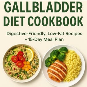 Könnte beinhalten: Das Bild zeigt ein Kochbuchcover mit dem Titel "GALLBLADDER DIET COOKBOOK" und dem Untertitel "Digestive-Friendly, Low-Fat Recipes + 15-Day Meal Plan". Zwei Schalen mit Essen sind abgebildet, eine mit Gemüse und die andere mit Hähnchen und Reis.
