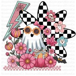 Fantasma di Halloween retrò con fiori PNG/ Fantasma carino con fiori PNG/ Fantasma a scacchi retrò download digitale/ Fantasma che cade PNG/ Halloween femminile PNG