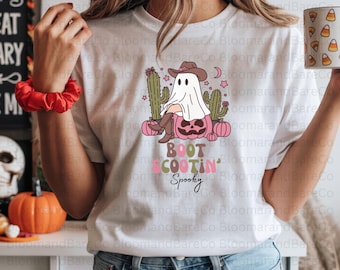 Botas espeluznantes PNG/Camiseta espeluznante recortada/Diseño retro de Halloween/Sublimación de Halloween occidental/Vaquero Halloween PNG/Fantasma occidental PNG