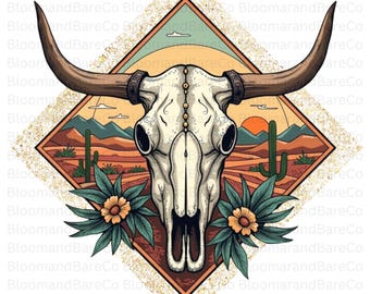 Cow Skull Desert Western Instant Digital Download| Western PNG| Floral Cow Skull With Sunflower Accents| Rustic Clipart| Western Skull Png