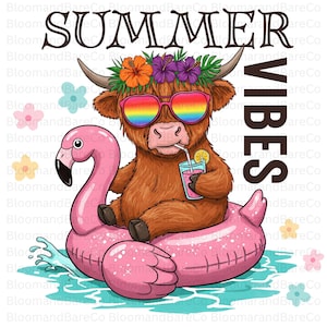 Highland Cow Summer Vibes Png| Beach Vibes Summer Sublimation| Cute Highland Cow Design| Retro Summer Sublimation Design| Baby Highland Cow