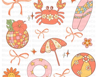Retro Summer Beach Coquette Png| Groovy Summer Sublimation Png| Jelly Fish Png| Seahorse Png| Retro Summer Png| Coastal Retro Summer Png