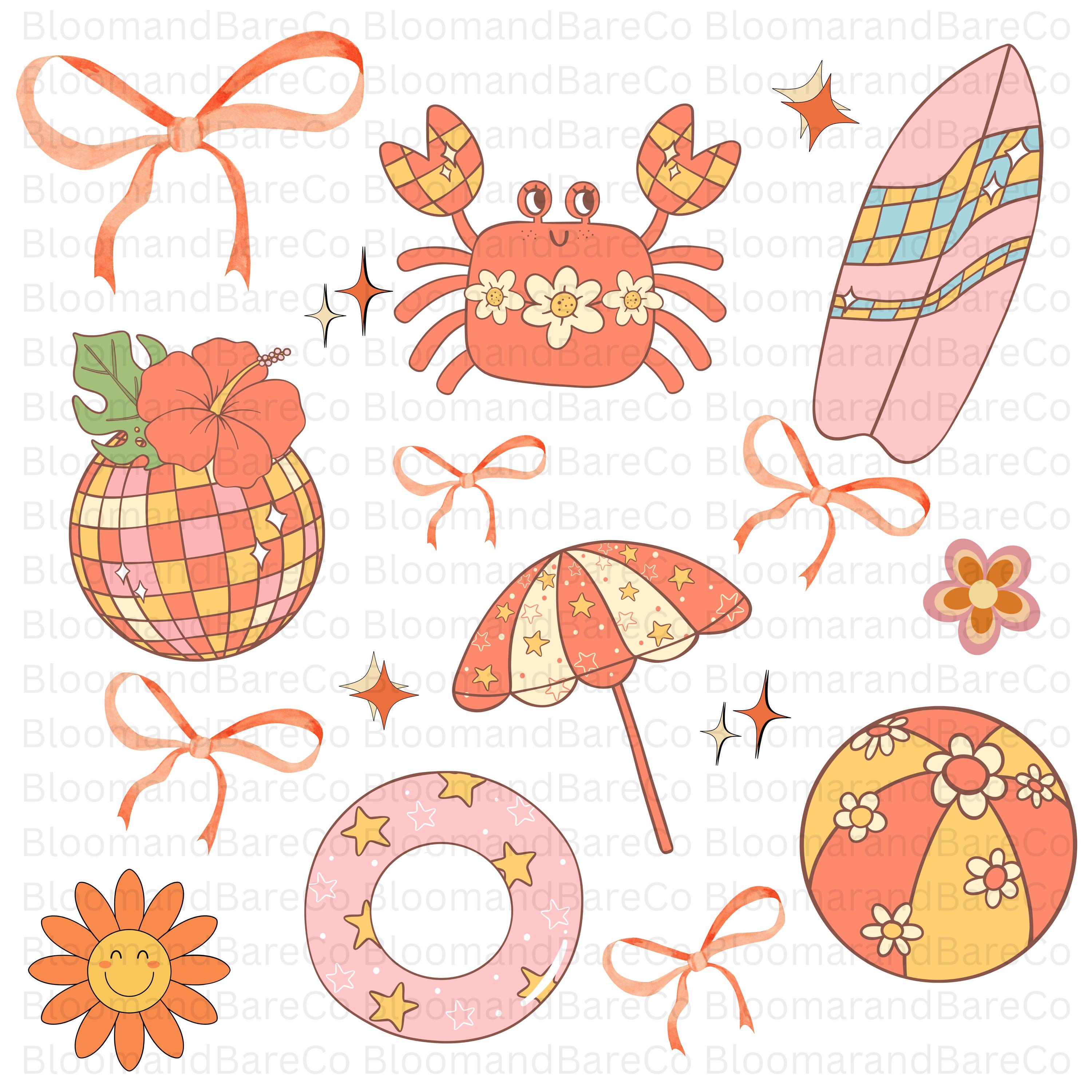 レトロな夏のビーチコケットPng| グルーヴィーな夏の昇華Png| クラゲ