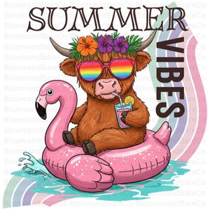 Highland Cow Summer Vibes Png| Beach Vibes Summer Sublimation| Cute Highland Cow Design| Retro Summer Sublimation Design| Baby Highland Cow