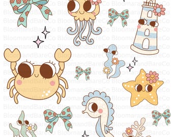 Retro Summer Beach Coquette Png| Groovy Summer Sublimation Png| Jelly Fish Png| Seahorse Png| Retro Summer Png| Coastal Retro Summer Png