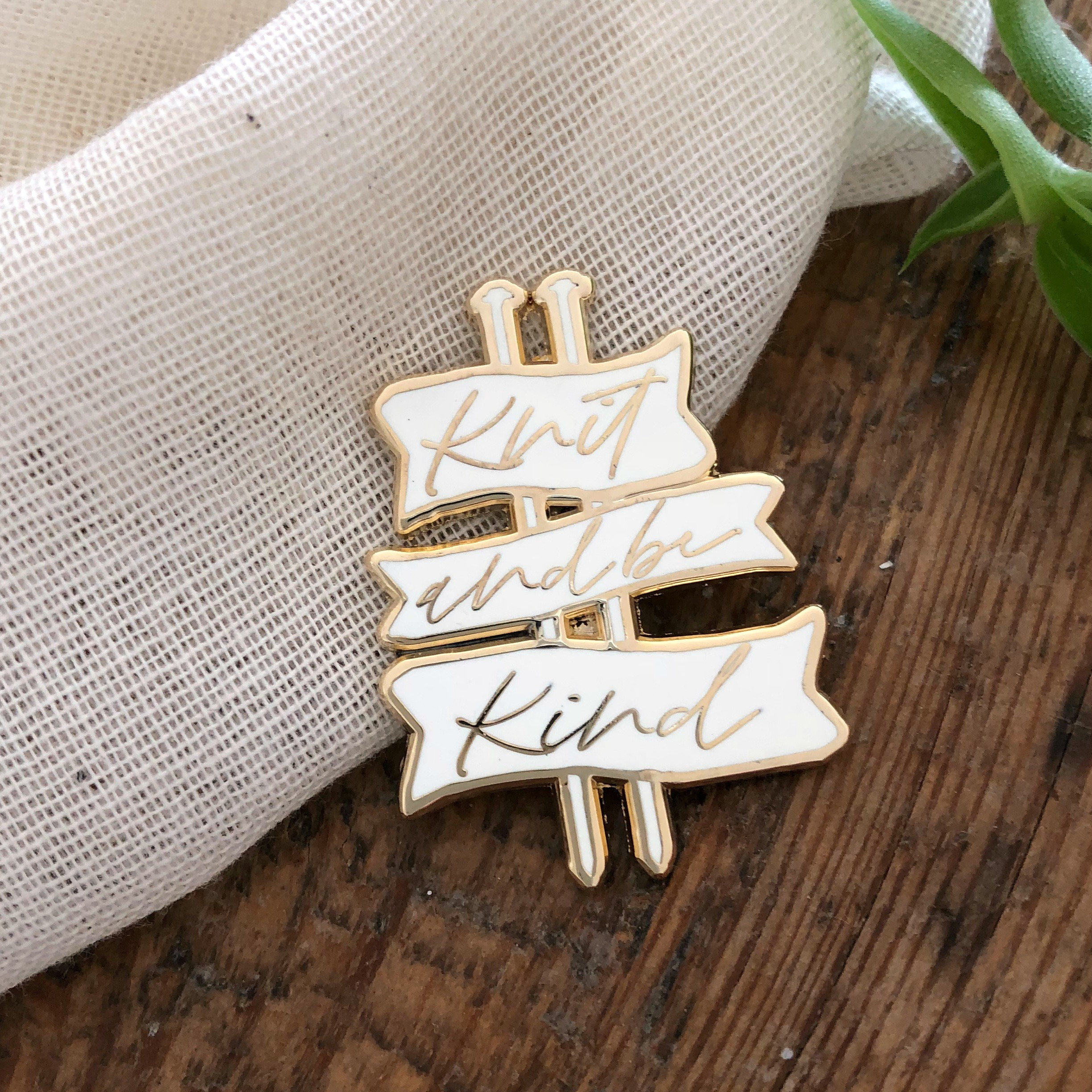 White and Gold Pin Cute Knitting Gift Knit and be Kind Uplifting Gift Knitting Enamel Pin