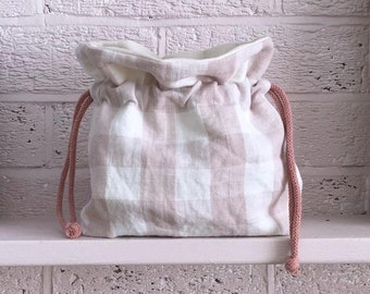 Makeup Bag | Cottagecore Pink and Cream Gingham bag | Zero Waste linen Bag