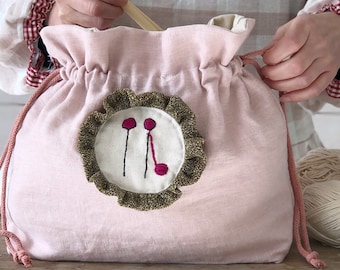 Sock Project Bag | Embroidered Linen Knitting Project Bag | Large Knitting Bag