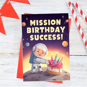 Divertida tarjeta de cumpleaños de astronauta: saludo de galaxia con temática espacial doblado de 4 x 6 pulgadas o 5 x 7 pulgadas para niños con sobre