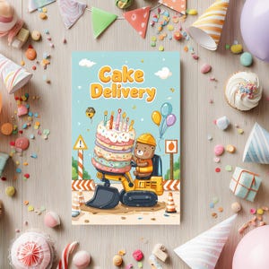 Lustige Geburtstagskarte vom Bau – süßer Bär mit Turmkuchen & Bagger – bedruckte Grußkarte – 13x18 oder 10 x 15 cm – Motiv mit Kuchenlieferant