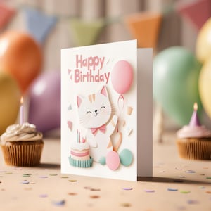 Entzückende Papierschnitt Katzen Geburtstagskarte - Digital AI Collage Gruß mit Kuchen & Luftballons - Sofort Download