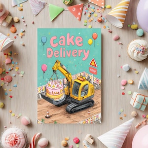 Carte d'anniversaire humoristique sur un chantier de construction : scène de livraison de gâteaux d'excavatrice pour fête d'enfants