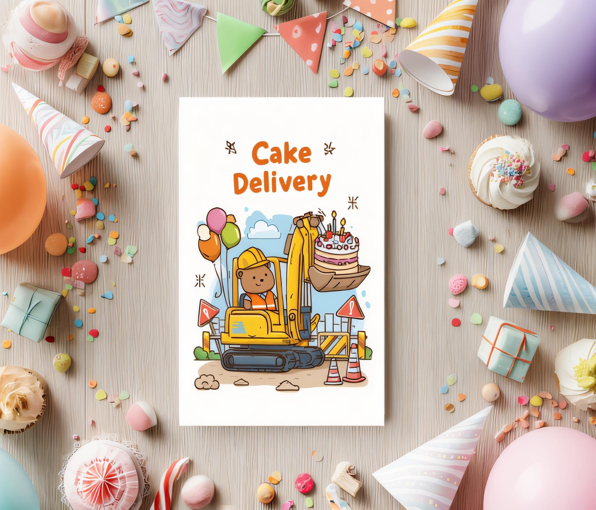 Funny Construction Birthday Card: Printable Digital Bear Excavator Design for Kids - 5x7 & 4x6 PDF, PNG