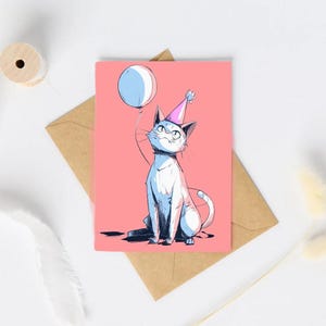 Wunderliche rosa Cartoon Katze Geburtstagskarte - Druckbare digitaler Download für Katzenliebhaber