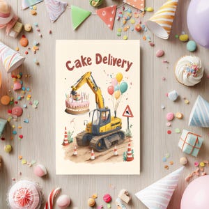 Tarjeta de cumpleaños de construcción para niños: camión excavadora impreso de 5x7 o 4x6 con pastel. Tarjeta divertida para niños y amantes de los camiones.