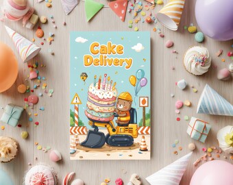 Playful Construction Birthday Card: Bear in Digger with Cake - Printable 5x7 & 4x6 inch Digger Celebration