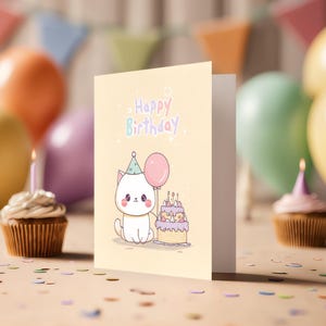 Adorable Kawaii Kitten Birthday Card - Printable Chibi Style A6/5x7 Digital Download with Balloon & Cake