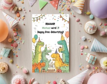 Dino-Geburtstagskarte faltbar für Kinder – personalisierbar mit Name & Alter – ROAR! – Digitale Faltkarte