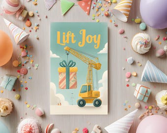 Crane Birthday Card – Gift Lift Scene – Construction Theme for Boys – Funny Printed Card – 4x6&quot; or 5x7&quot; with Envelope – Ready to Ship