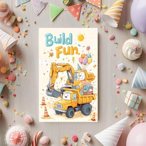 Biglietto di auguri di compleanno stampato – Scena di "Build Fun" con escavatore e camion con cassone ribaltabile – 4x6" o 5x7" – Divertente biglietto di auguri per bambini con busta