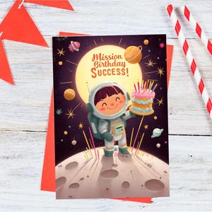 Biglietto di auguri per il compleanno di un esploratore cosmico: biglietto d'auguri con astronauta piegato da 4 x 6 pollici o 5 x 7 pollici con busta per la festa spaziale dei bambini