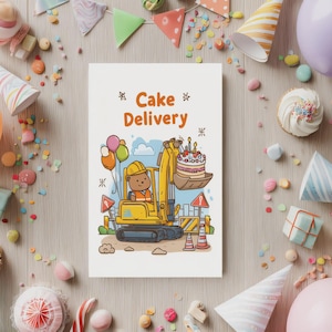 Niedliche Bären-Geburtstagskarte – Bagger-Geburtstagskarte – gedruckte Baustellenszene mit Torte – 13x18cm oder 10x15cm mit Umschlag – Kindertruck-Grußkarte