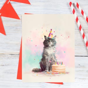 ユーモラスな水彩猫の誕生日グリーティングカード - 印刷可能なデジタルダウンロードテンプレート（5x7、4x6）
