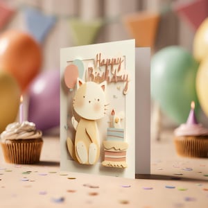 Carte d'anniversaire chat imprimable en découpe : voeux numérique avec gâteau et ballons pour les amoureux des félins