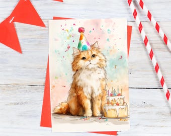 Adorable Orange Cat Birthday Card - Watercolor Printable - Instant Download for Cat Lovers