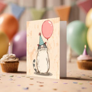 Wunderliche Cartoon Kitty Geburtstagskarte - Druckbare digitale Grußkarte im Comic-Stil mit Ballon & Partyhut