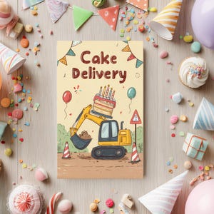 Hilarious Construction-Themed Birthday Card: Excavator Cake Delivery - Printable Digital Download for Kids