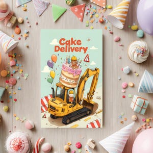 Carte d'anniversaire construction hilarante : une excavatrice livrant un gâteau géant à un ours - Carte de voeux 15 x 7 ou 4 x 6 pouces