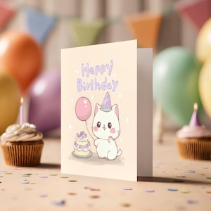 Cartão de aniversário de gatinho adorável - Ilustração de gato chibi para imprimir com balão e bolo - Download digital