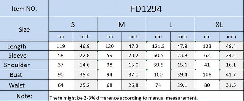 K&ouml;nnte beinhalten: Eine Gr&ouml;&szlig;entabelle f&uuml;r ein Kleidungsst&uuml;ck, gekennzeichnet mit FD1294, mit Ma&szlig;en in Zentimetern und Zoll. Die Gr&ouml;&szlig;en reichen von S bis XL und geben L&auml;nge, &Auml;rmel, Schulter, Brust und Taille an. Hinweis: Es kann eine Differenz von 2-3% geben.