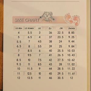 May include: A shoe size chart with conversions for US Men, US Women, UK, EU, centimeters, and inches. The chart includes sizes from US Men's 4 to 12, with corresponding measurements in inches ranging from 8.85 to 12.