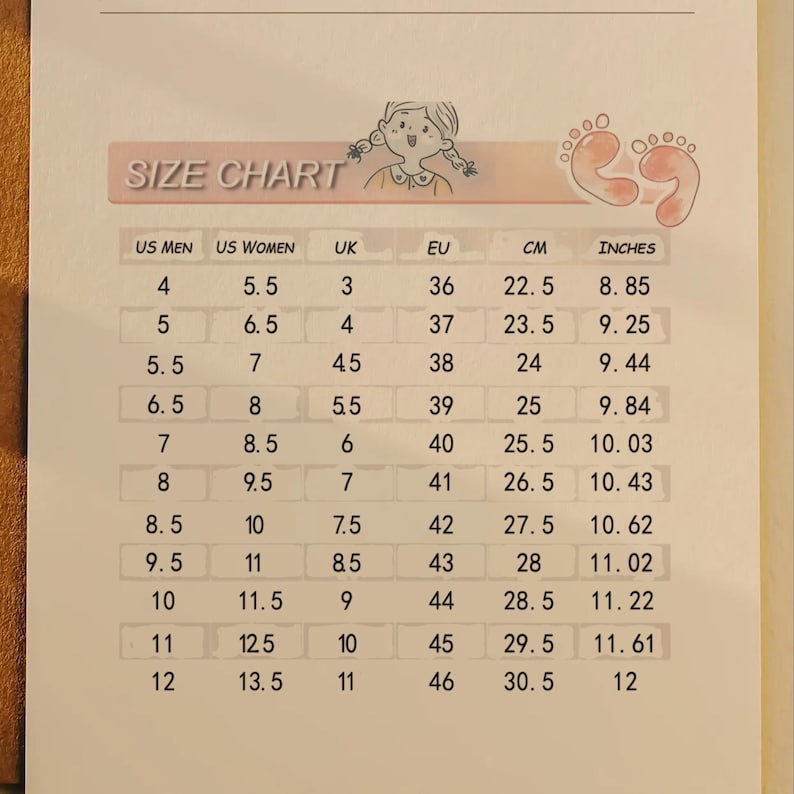 May include: A shoe size chart with conversions for US Men, US Women, UK, EU, centimeters, and inches. The chart includes sizes from US Men's 4 to 12, with corresponding measurements in inches ranging from 8.85 to 12.