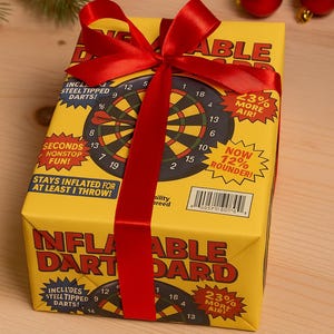 Inflatable Dartboard Gag Gift Wrap | Funny Wrapping Paper Joke | 90s Style Fake Product Box | Prank Gift Wrap for White Elephant