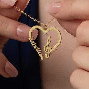 Personalized Heart Clef Name Necklace, Musical Note Heart Name Necklace, Treble Cleff Heart Pendant, Music Lover Necklace, Musician Gift