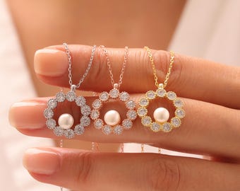 Freshwater Pearl In Zircon Circle Necklace, Elegant Pendant, Classic Jewelry Gift For Women, CZ Pearl Circle Necklace, Elegant Gift For Her