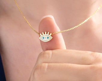 Sterling Silver Evil Eye Necklace, Protective Charm Pendant