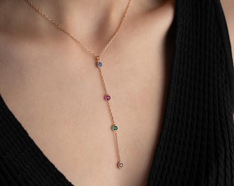Birthstone Long Y Necklace,  Elegant Long Y Necklace with Birthstone - Unique Birthstone Jewelry, Personalized Jewelry Gift For Her