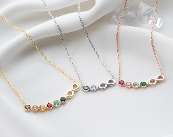 Personalized Horizontal Family Birthstone Necklace with Infinity Symbol , Custom Connected Stones Pendant , Meaningful Gift for Mom, Grandma